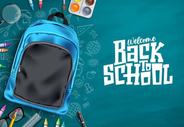 Back to school vector template design. Welcome back to school text in chalkboard space Back to school vector template design. Welcome back to school text in chalkboard space with 3d educational supplies in hand drawn background. Vector illustration backpack stock illustrations