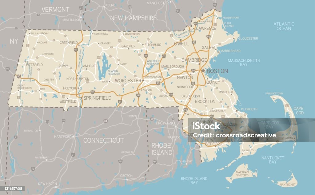 Map of Massachusetts with highways A detailed map of Massachusetts state with cities, roads, major rivers, and lakes. Includes neighboring states and surrounding water.  Map stock vector
