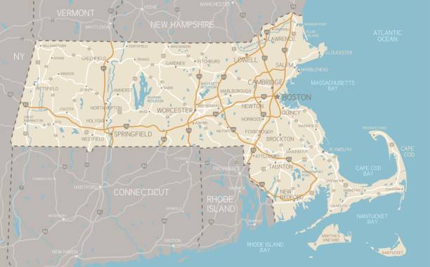 Map of Massachusetts with highways A detailed map of Massachusetts state with cities, roads, major rivers, and lakes. Includes neighboring states and surrounding water.  essex county massachusetts stock illustrations