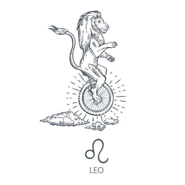 illustrations, cliparts, dessins animés et icônes de signe de zodiaque de leo. le lion roule sur une roue. soleil et nuages. astrologie. - circus lion