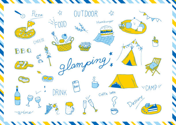 illustrazioni stock, clip art, cartoni animati e icone di tendenza di glamping tenda da campeggio e icone degli oggetti barbecue - illustrazioni di hobby