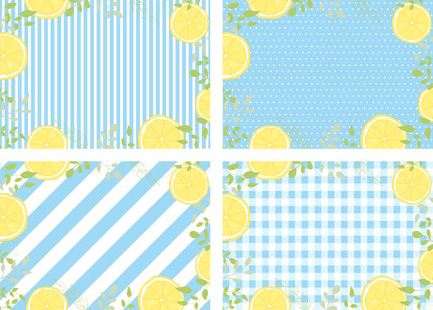 set-illustration von hand gezeichnet zitrone rahmen - blue gingham stock-grafiken, -clipart, -cartoons und -symbole