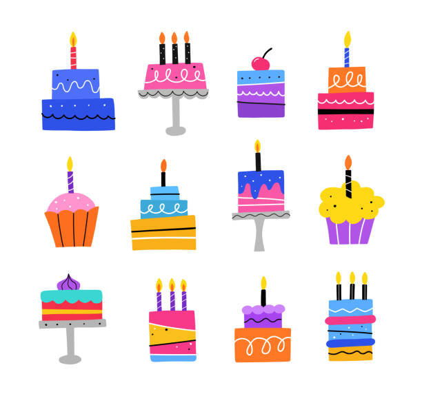 illustrations, cliparts, dessins animés et icônes de ensemble de gâteaux d’anniversaire. gâteau avec des bougies de célébration. illustration abstraite vectorielle dessinée à la main. - gâteau danniversaire