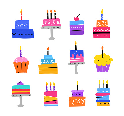 Birthday cakes set. Cake with celebration candles. Hand drawn flat vector abstract illustration.