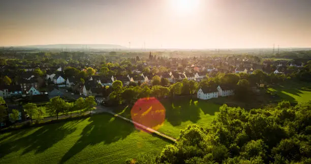 Aerial view of german suburban neighborhood at sunrise.