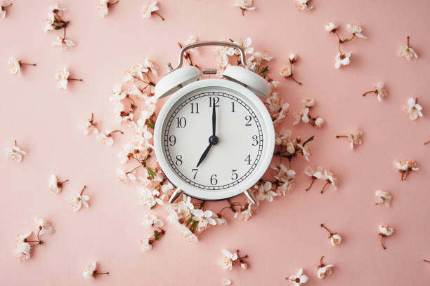 istock Alarm clock on pink background with flowers. Change time concept 1316576323