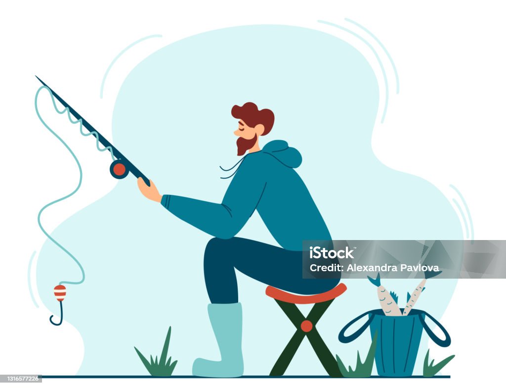 Young fisherman fishing. Young man sitting on a stool enjoying leisure time in nature. Banner, site, poster template. Fishing, men's outdoor recreation. Vector illustration in cartoon style. Fishing stock vector