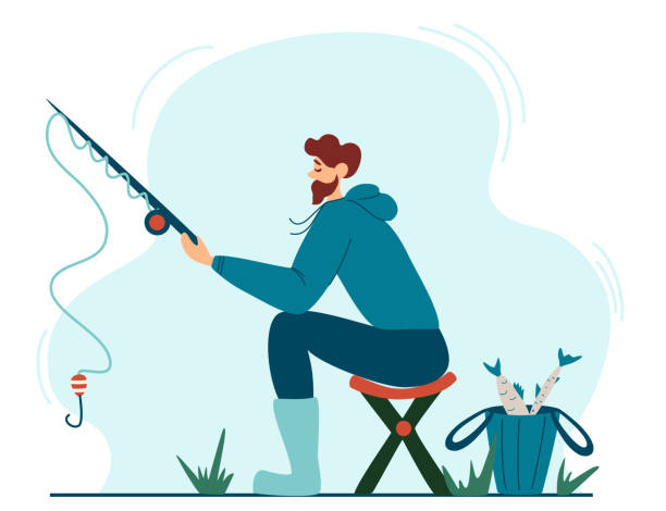 Young fisherman fishing. Young man sitting on a stool enjoying leisure time in nature. Banner, site, poster template. Fishing, men's outdoor recreation. Vector illustration in cartoon style. Young fisherman fishing. Young man sitting on a stool enjoying leisure time in nature. Banner, site, poster template. Fishing, men's outdoor recreation. Vector illustration in cartoon style. hook equipment illustrations stock illustrations