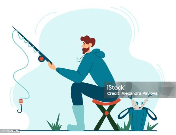 Young Fisherman Fishing Young Man Sitting On A Stool Enjoying Leisure Time In Nature Banner Site Poster Template Fishing Mens Outdoor Recreation Vector Illustration In Cartoon Style Stock Illustration - Download Image Now
