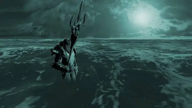 3D illustration of Neptune (Poseidon) on the green screen in the see