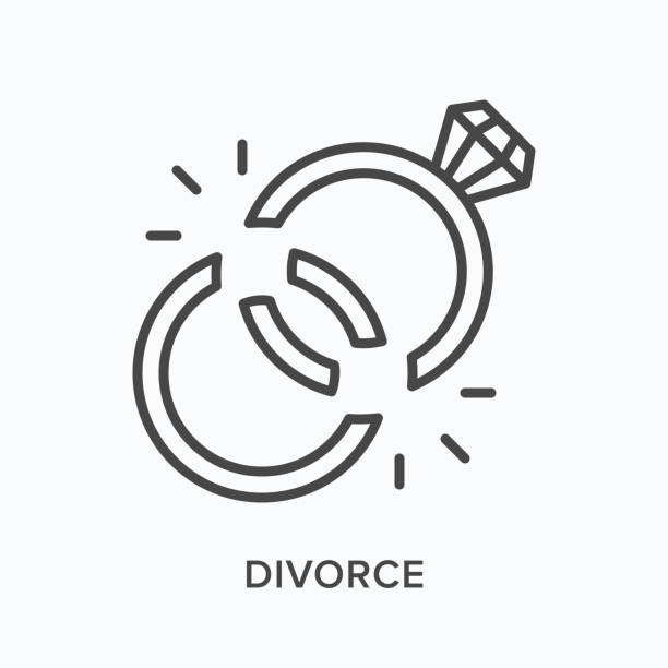 scheidung flache linie symbol. vektorumriss-illustration von zwei gebrochenen ringen. schwarzes dünnes lineares piktogramm für ehebruch - divorce stock-grafiken, -clipart, -cartoons und -symbole