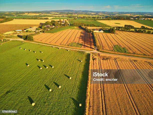 Aerial View Of Pastures And Farmlands In Brittany France Stock Photo - Download Image Now