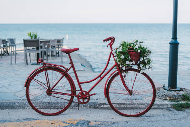Decorative old red bicycle with flower pots by the sea