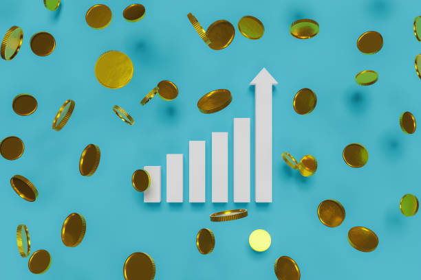 bar graph with rising arrow and coins floating. business concept