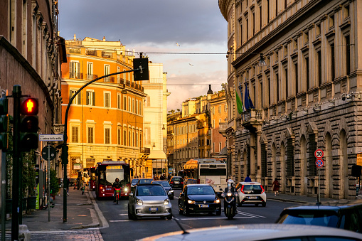 Rome, Italy, April 14 -- A view of Corso Vittorio Emanuele II (Victor Emmanuel II avenue) in the historic center of Rome, one of the most known and loved avenues by tourists, which connects the historic center of the Eternal City with the Vatican area. Image in High Definition format.