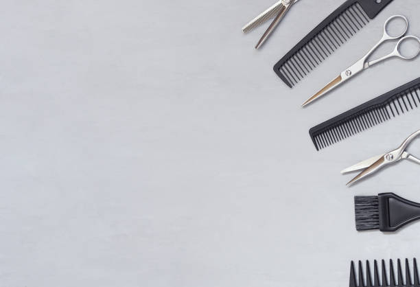 istock Background, frame with hairdressing tools on gray. Template for information. 1316586986