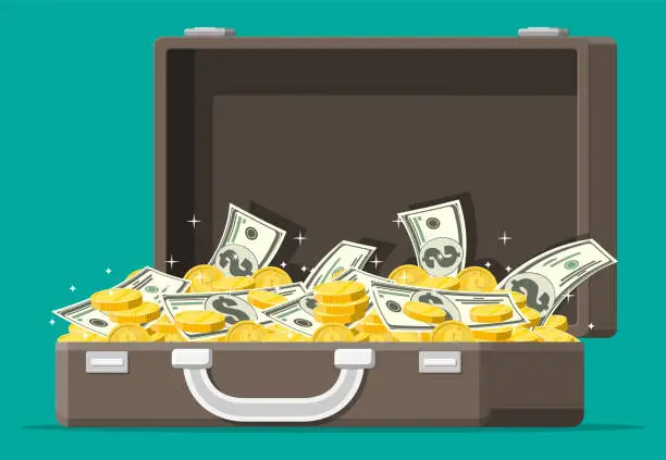 Vector illustration of Open leather suitcase full of money.