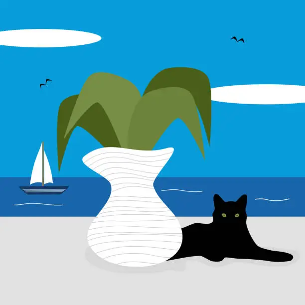 Vector illustration of cute cartoon sunny day greek landscape scene with cat, vase with plant and sea vector illustration