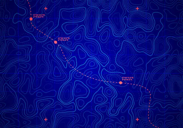 Vector illustration of Vector Sea Depth Topographic Map With Route And Coordinates Conceptual User Interface Blue Abstract Background.