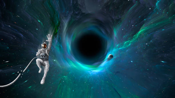 Space background. Astronaut falling into colorful nebula fractal tunnel, black hole with planet