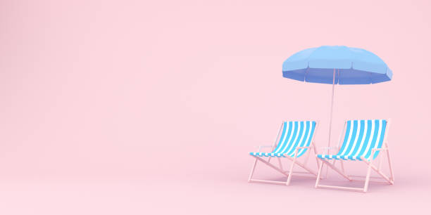 istock Mockup of beach chairs with umbrella on pink background. Minimal concept. 3D rendering 1316593423