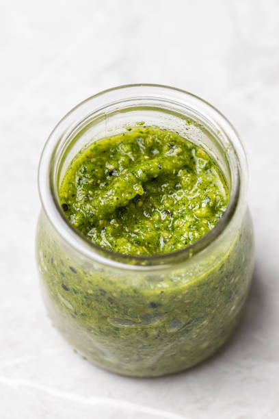 istock Wild garlic pesto in a glass 1316593444