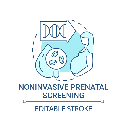 Noninvasive prenatal screening blue concept icon. Pregnant woman checkup. Genetic inheritance examination idea thin line illustration. Vector isolated outline RGB color drawing. Editable stroke