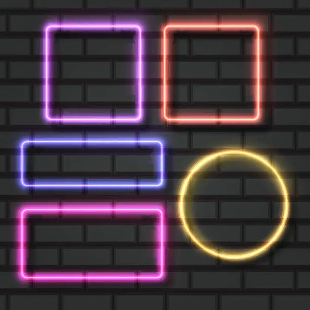 Vector illustration of Neon frames on a brick wall, glowing, Neon square lamps. Realistic electric borders, colorful illuminated frames, vector format