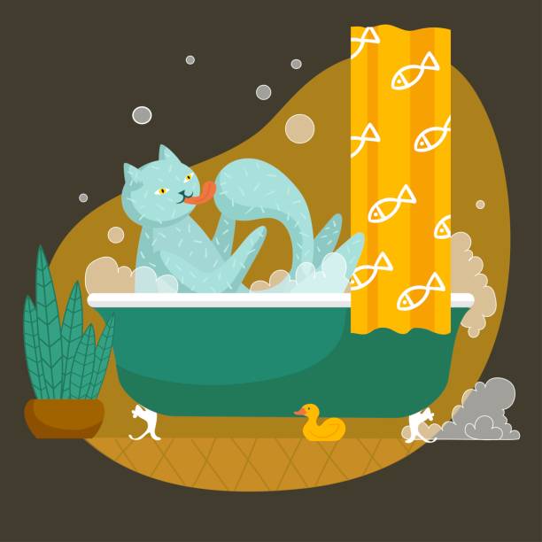 istock Humorous animal. Funny Cat in the bath. Washing in the foam. Isolated Vector illustration. Flat, cartoon style. Curtain with fish print. Plant. Duck toy. Bubbles, hygiene, self care, clean body. 1316596154