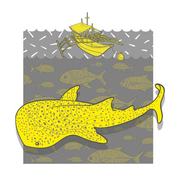 istock Fishing cards. Vector illustration. Poster. Interior decoration. Ornament. Fish, boat, sea, ocean isolated on white background. Diving, traveling, tourism, culture, exotic countries. Whale shark. 1316596311