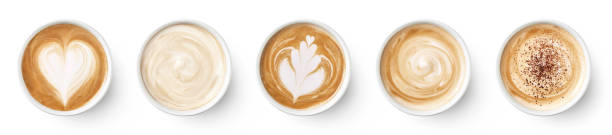 set of paper take away cups of different coffee latte or cappuccino - latté imagens e fotografias de stock