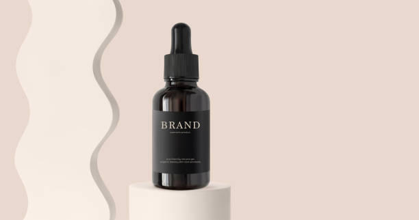 istock Serum essence with black dropper on cylinder podium stage and wave decor 3d realistic vector illustration. Skincare cosmetic product on beige background banner 1316601081