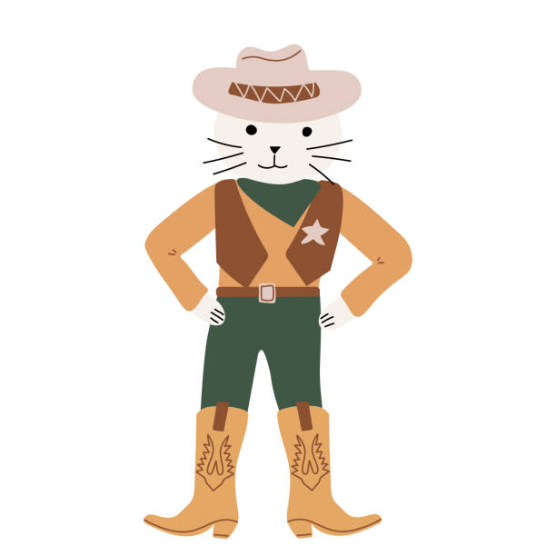 istock Cat Cowboy, wearing a hat, vest, boots, sheriff's badge on his chest. Cute kids character. Wild West theme. Hand drawn colored trendy Vector isolated illustration. 1316604319