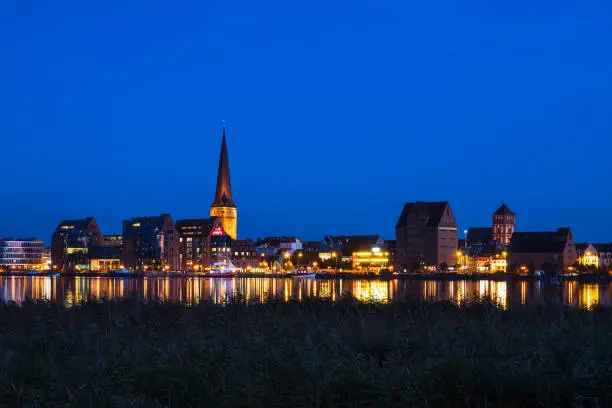 View over the river Warnow to the city Rostock, Germany.