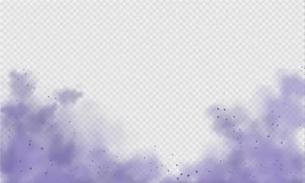 Vector illustration of Purple dust or fog. Abstract purple powder explosion with particles. Violet smoke or dust isolated on light transparent background. Abstract mystical gas. Vector illustration