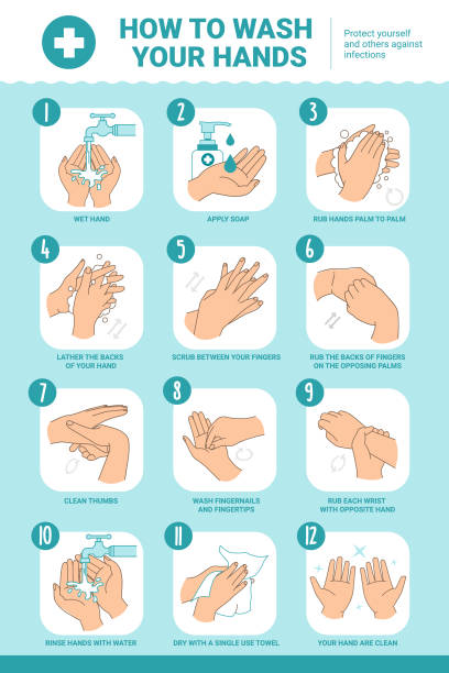 ilustrações de stock, clip art, desenhos animados e ícones de step how to wash hands with soap and water thoroughly - washing hands illustrations