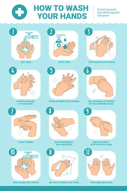 Vector illustration of step how to wash hands with soap and water thoroughly
