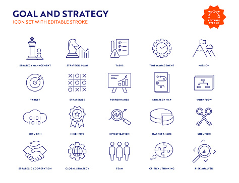 Goal and Strategy Line Icon Set with Editable Stroke