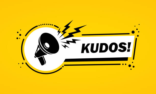 Megaphone with kudos speech bubble banner. Slogan kudos. Loudspeaker. Label for business, marketing and advertising. Vector on isolated background. EPS 10 Megaphone with kudos speech bubble banner. Slogan kudos. Loudspeaker. Label for business, marketing and advertising. Vector on isolated background. EPS 10 applauding stock illustrations