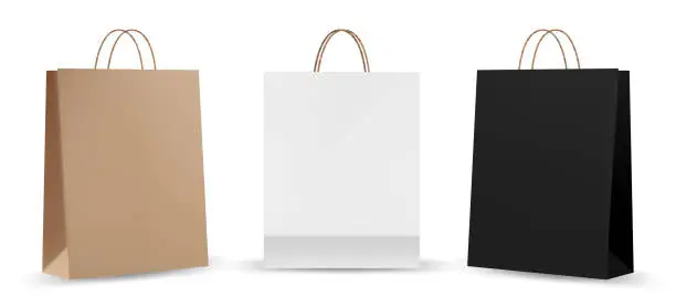 Vector illustration of Shopping bag mockups. Paper package isolated on white background. Realistic mockup of craft paper bags.