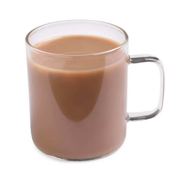 Delicious tea with milk on white background