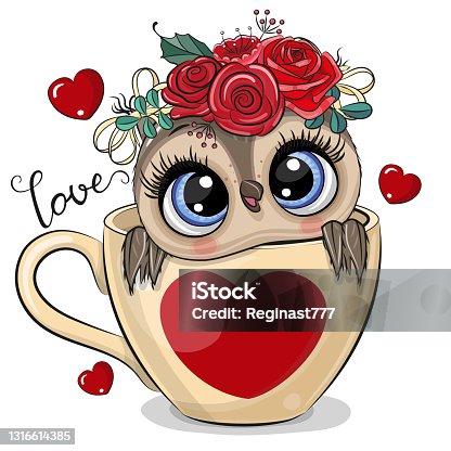 istock Cartoon Owl is sitting in a Cup with heart print 1316614385