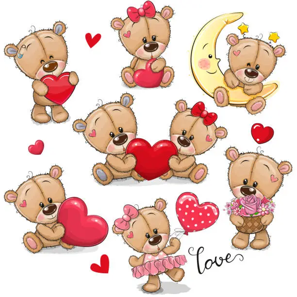 Vector illustration of Set of Cute Cartoon Teddy Bear