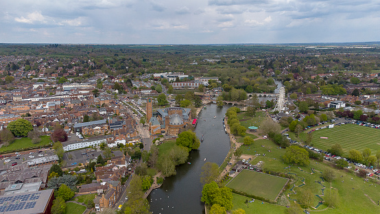 An aerial view of the centre of the historic town of Stratford upon Avon in Warwickshire, UK