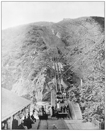 Antique black and white photograph of American landmarks: Pasadena mountain railway, California