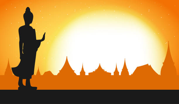 Happy vesak day with Buddha Standing under bodhi tree on full moon night, buddha purnima in Visakha Puja day, Buddhist holiday concept banner the temple background vector design vector illustration. Happy vesak day with Buddha Standing under bodhi tree on full moon night, buddha purnima in Visakha Puja day, Buddhist holiday concept banner the temple background vector design vector illustration. vesak day stock illustrations