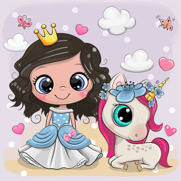 Cute Cartoon fairy tale Princess and Unicorn Greeting Card with Cute Cartoon fairy tale Princess and Unicorn dark pink dress stock illustrations