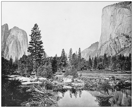 Antique black and white photograph of American landmarks: Yosemite Valley, California