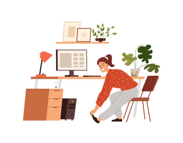 ilustrações de stock, clip art, desenhos animados e ícones de woman doing warm-up at the workplace, vector flat illustration isolated. girl practicing workout in the office, stretching by taking a break. cartoon style. - white background yoga exercising women