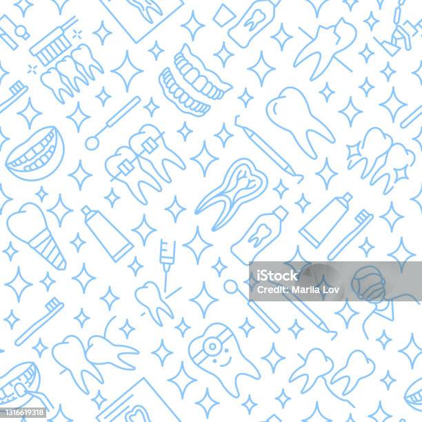 Dentistry Seamless Pattern With Flat Line Icons Blue Color Background For  Dental Clinics Design Stock Illustration - Download Image Now - iStock